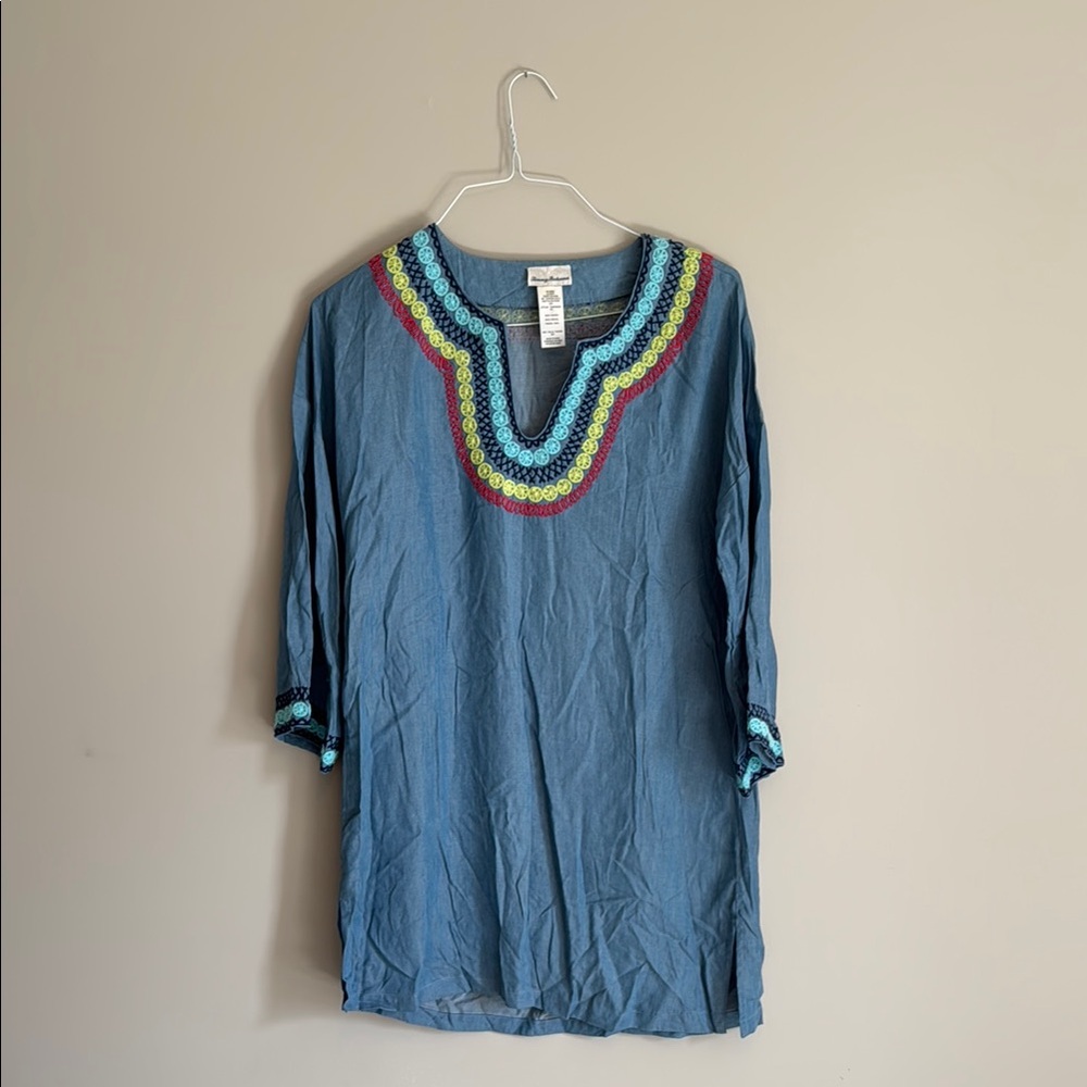 Johnny Was Blue 3/4 Sleeve Embellished Tunic